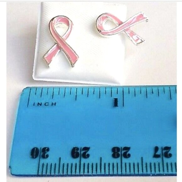 Pink Ribbon Earrings Breast Cancer Awareness Month Post Stud Silver Plated - Picture 5 of 6